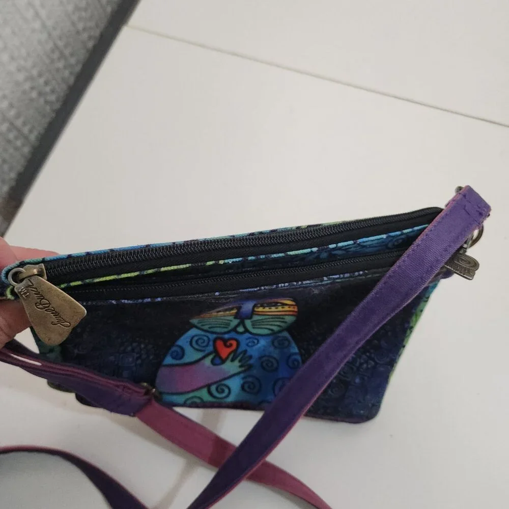 Laurel Burch "Wishing Love Cat" Canvas Crossbody Purse Blue and Green - Picture 7 of 10